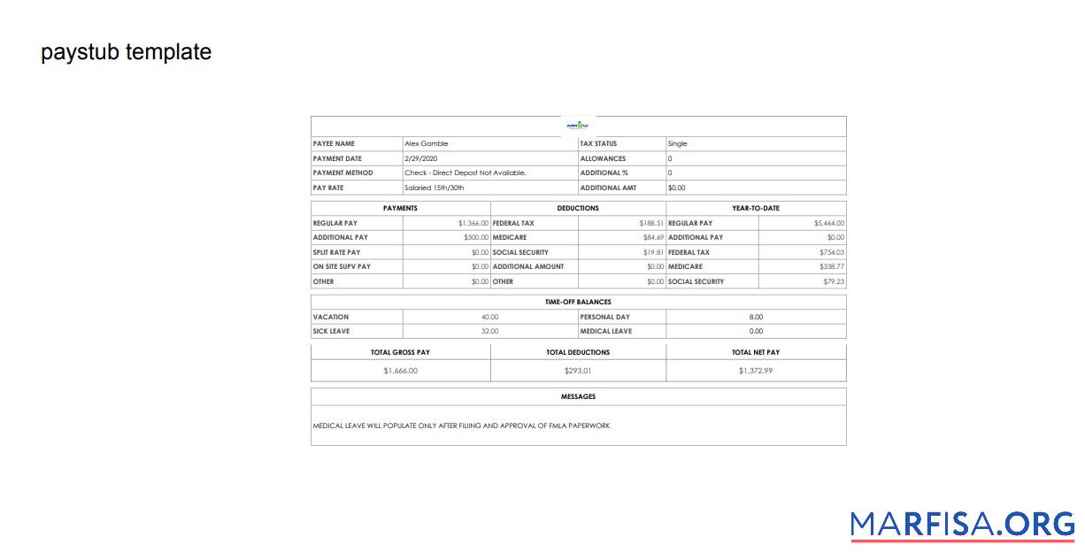 Printable Medical leave pay stub template